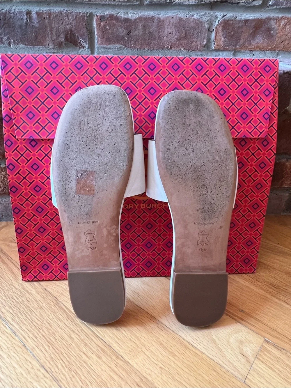 Tory Burch Gardenia White Ines Single-Band Leather Slide Sandals